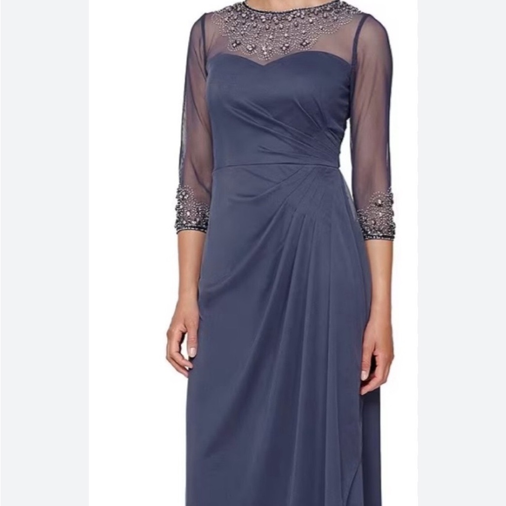 Alex Evenings Elegant Dark Blue Long Sleeve Dress w diamonds